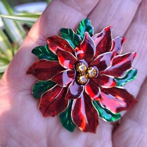 Poinsettia Red and Green Enamel Rhinestone Chistmas Floral Vintage Brooch